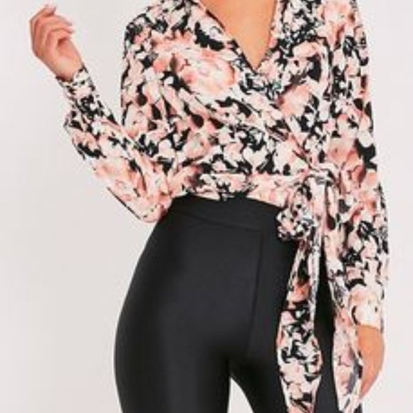 PRETTYLITTLETHING Pink Floral Print Wrap Front Tie - Picture 2 of 7